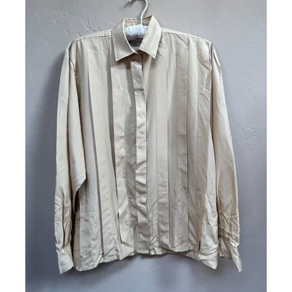 Vintage Ted Lapidus Paris Women Button Down Pleated Shirt Blouse Long Sleeve Tan - Picture 1 of 9